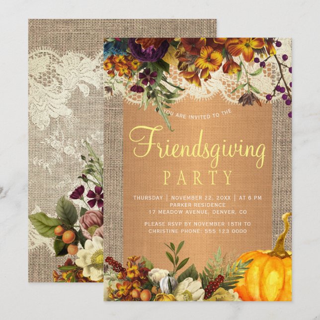 Country rustic floral burlap friendsgiving party invitation (Front/Back)
