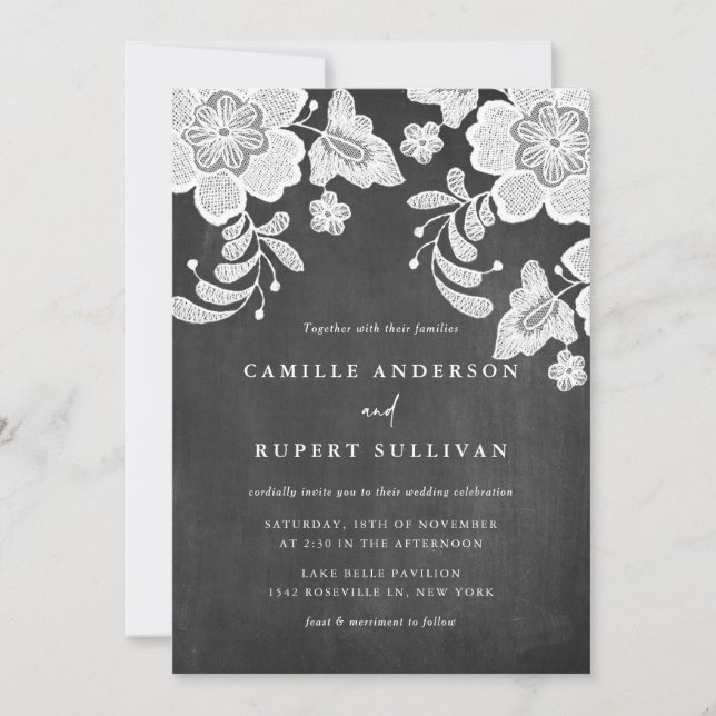 Country Rustic Floral Lace on Chalkboard Wedding Invitation (Front)