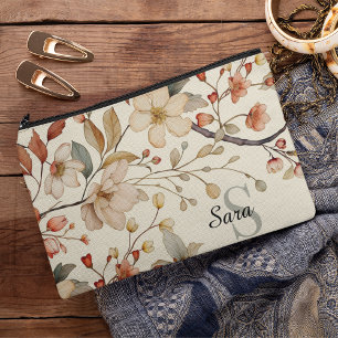 Country Rustic Floral Monogram Canvas Accessory Pouch
