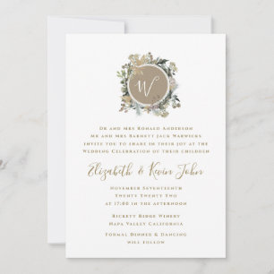 Country Rustic Floral Monogram Wreath Wedding Invitation