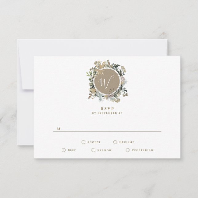 Country Rustic Floral Monogram Wreath Wedding RSVP Card (Front)