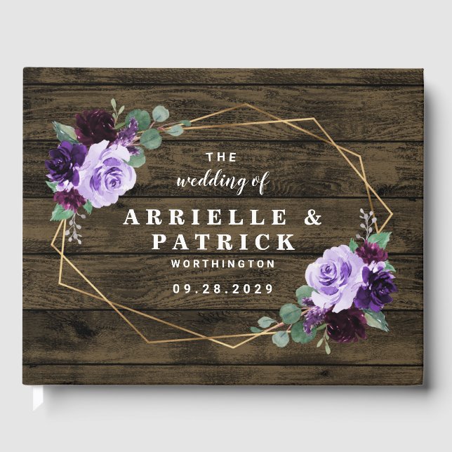 Country Rustic Floral Purple and Gold Wedding Guest Book (Front)