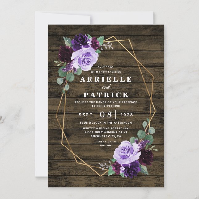 Country Rustic Floral Purple and Gold Wedding Invitation (Front)