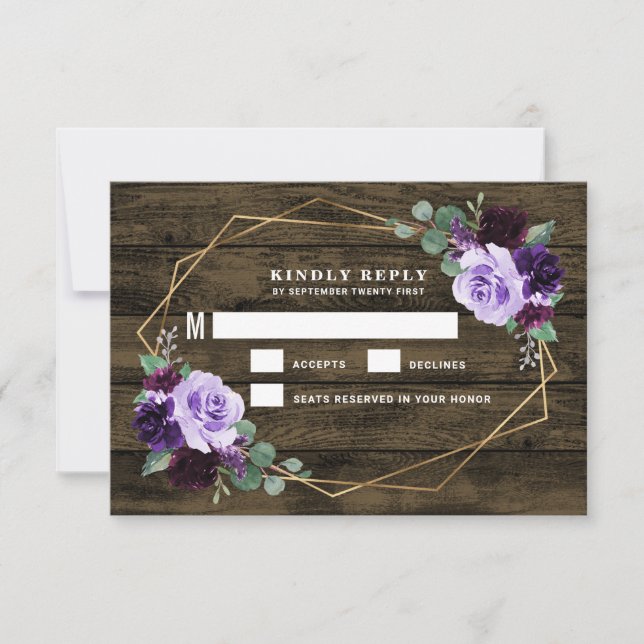 Country Rustic Floral Purple and Gold Wedding RSVP Card (Front)