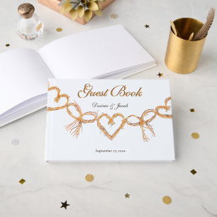 Country Rustic Gold White Hearts Wedding Guest Book