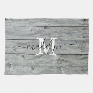 Country Rustic Grey Pattern Monogram Script  Tea Towel