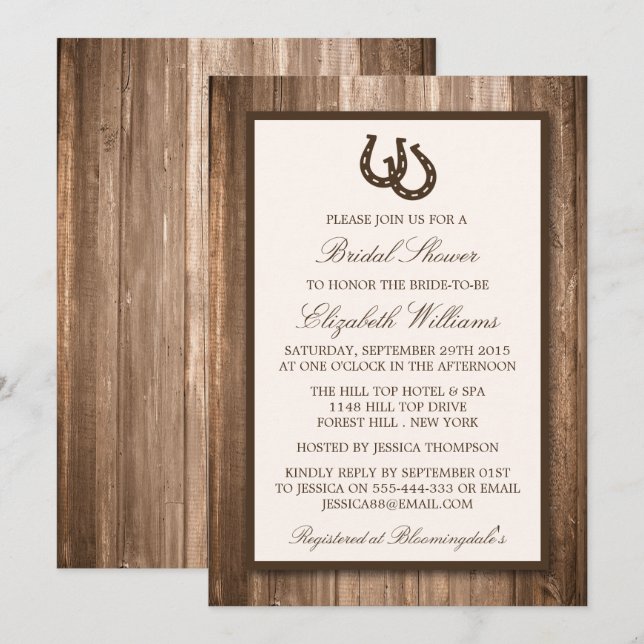 Country Rustic Horseshoe Brown Wood Bridal Shower Invitation (Front/Back)
