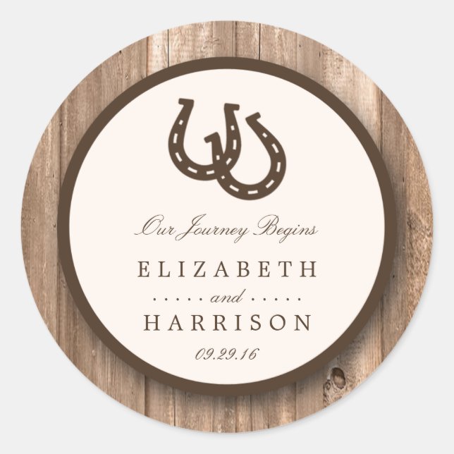 Country Rustic Horseshoe & Brown Wood Wedding Classic Round Sticker (Front)