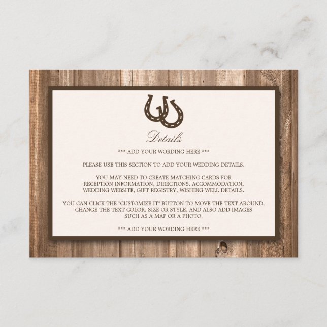 Country Rustic Horseshoe & Brown Wood Wedding Enclosure Card (Front)