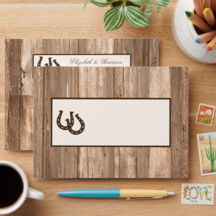 Country Rustic Horseshoe, Brown Wood Wedding Envelope