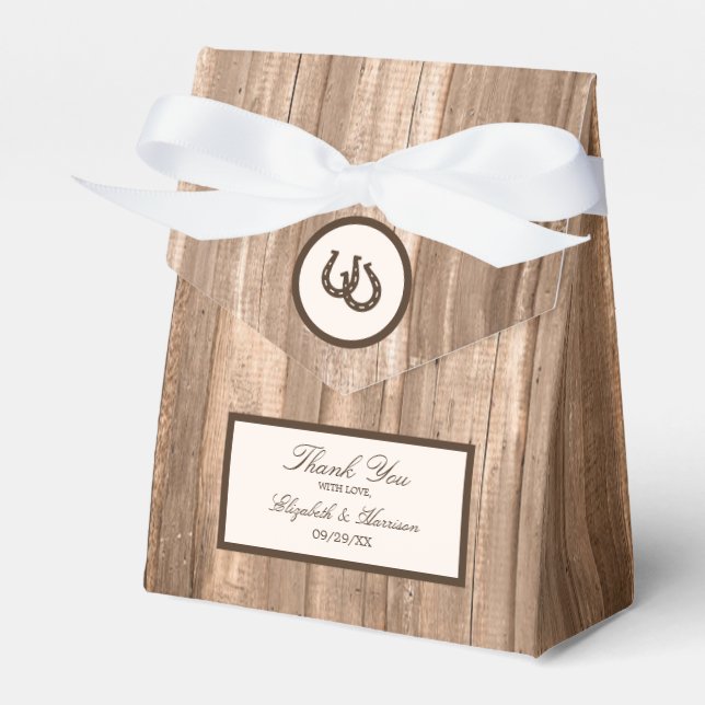 Country Rustic Horseshoe & Brown Wood Wedding Favour Box (Front Side)