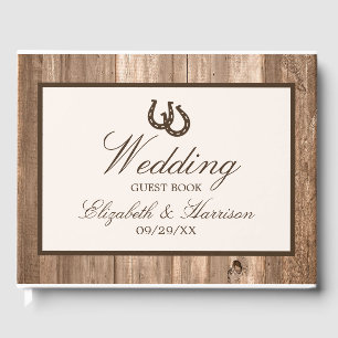Country Rustic Horseshoe & Brown Wood Wedding Guest Book