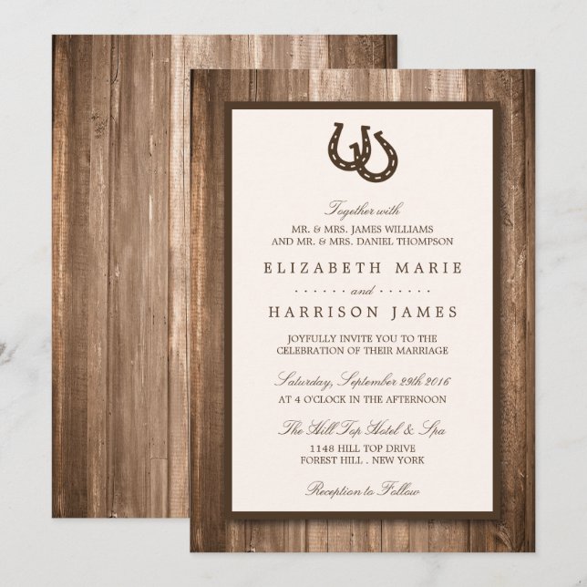 Country Rustic Horseshoe & Brown Wood Wedding Invitation (Front/Back)