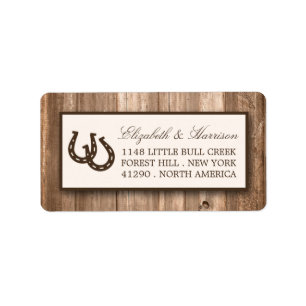 Country Rustic Horseshoe & Brown Wood Wedding Label