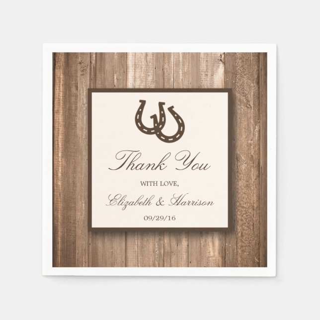 Country Rustic Horseshoe & Brown Wood Wedding Napkin (Front)