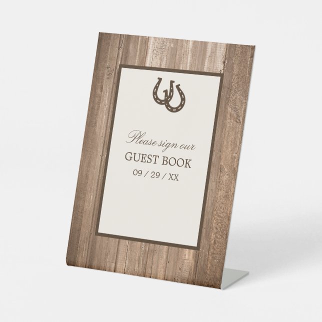 Country Rustic Horseshoe & Brown Wood Wedding Pedestal Sign (Front)