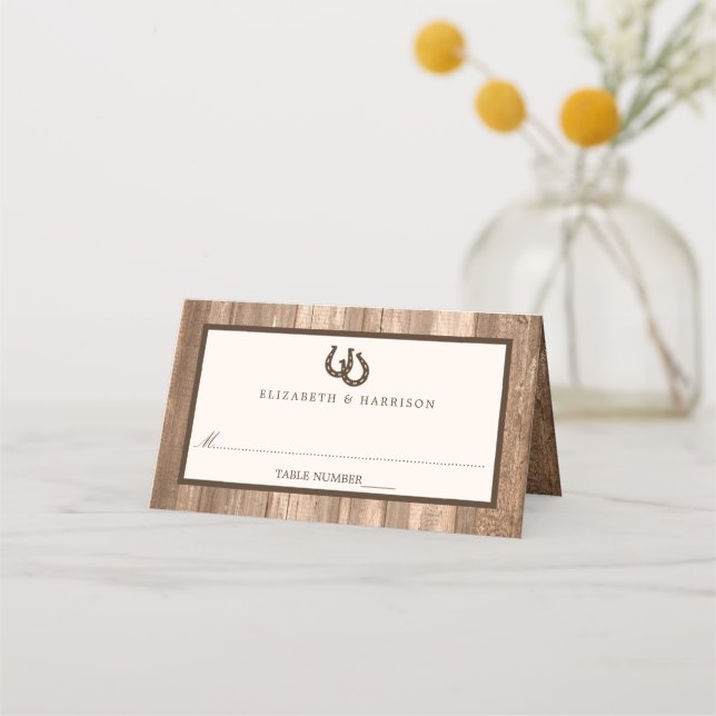 Country Rustic Horseshoe & Brown Wood Wedding Place Card (Front)