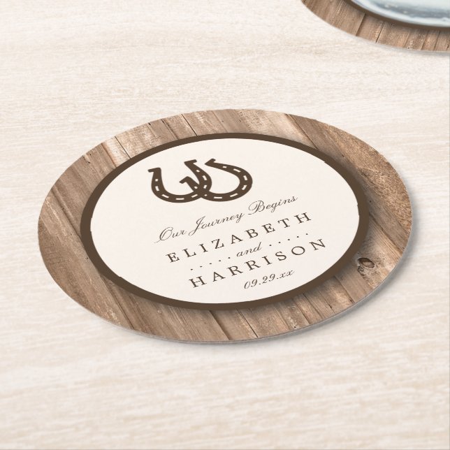 Country Rustic Horseshoe & Brown Wood Wedding Round Paper Coaster (Angled)