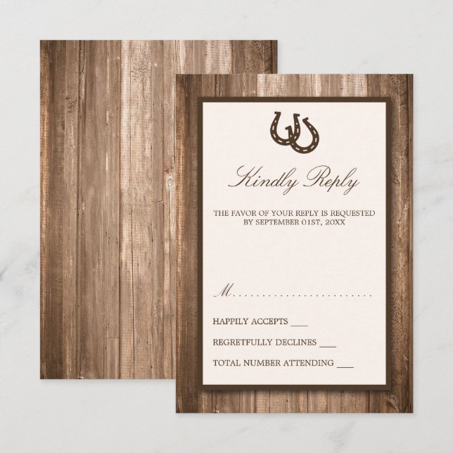 Country Rustic Horseshoe & Brown Wood Wedding RSVP Card (Front/Back)