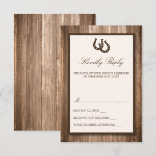 Country Rustic Horseshoe & Brown Wood Wedding RSVP Card