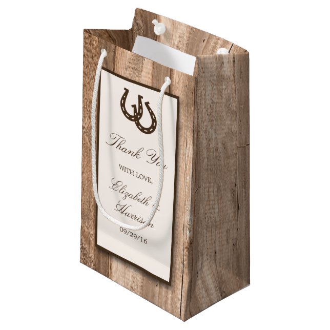 Country Rustic Horseshoe & Brown Wood Wedding Small Gift Bag (Front Angled)