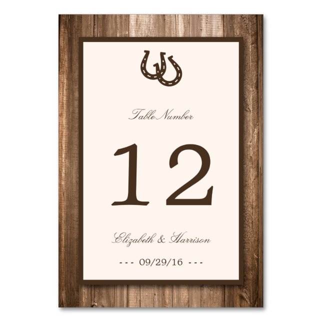 Country Rustic Horseshoe & Brown Wood Wedding Table Number (Front)