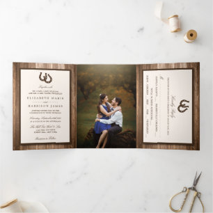 Country Rustic Horseshoe & Brown Wood Wedding Tri-Fold Invitation