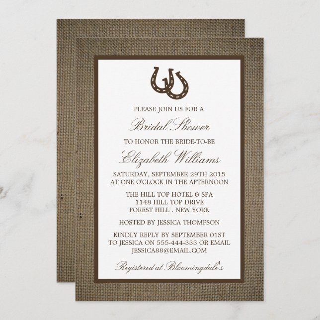 Country Rustic Horseshoe On Burlap Bridal Shower Invitation (Front/Back)