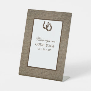 Country Rustic Horseshoe On Burlap Pedestal Sign