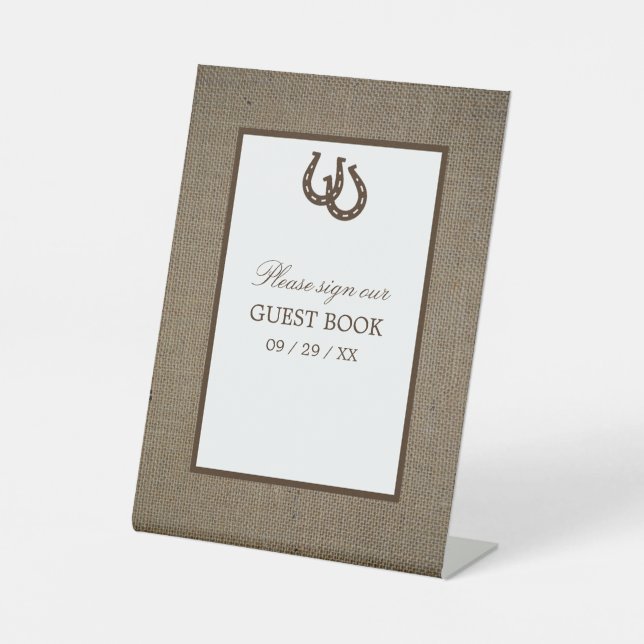 Country Rustic Horseshoe On Burlap Pedestal Sign (Front)