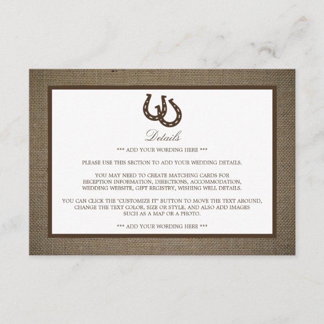 Country Rustic Horseshoe On Burlap Wedding Detail Enclosure Card (Front)