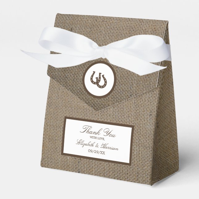 Country Rustic Horseshoe On Burlap Wedding Favour Box (Front Side)