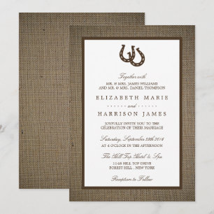 Country Rustic Horseshoe On Burlap Wedding Invitation