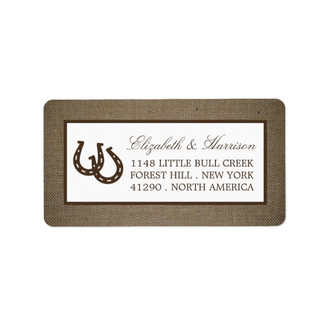 Country Rustic Horseshoe On Burlap Wedding Label (Front)
