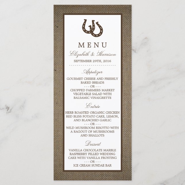 Country Rustic Horseshoe On Burlap Wedding Menu (Front)