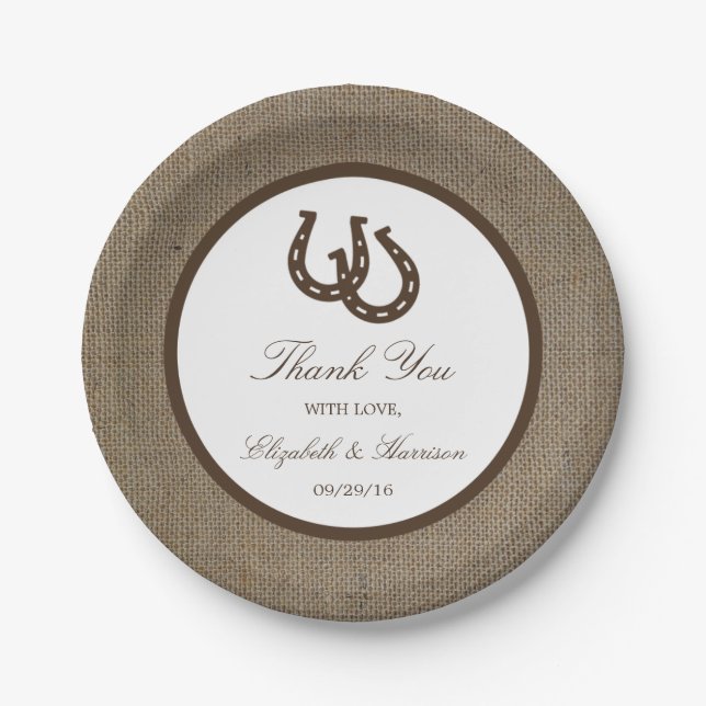 Country Rustic Horseshoe On Burlap Wedding Paper Plate (Front)