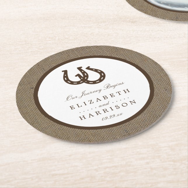 Country Rustic Horseshoe On Burlap Wedding Round Paper Coaster (Angled)