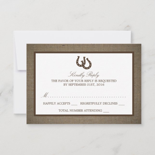 Country Rustic Horseshoe On Burlap Wedding RSVP (Front)
