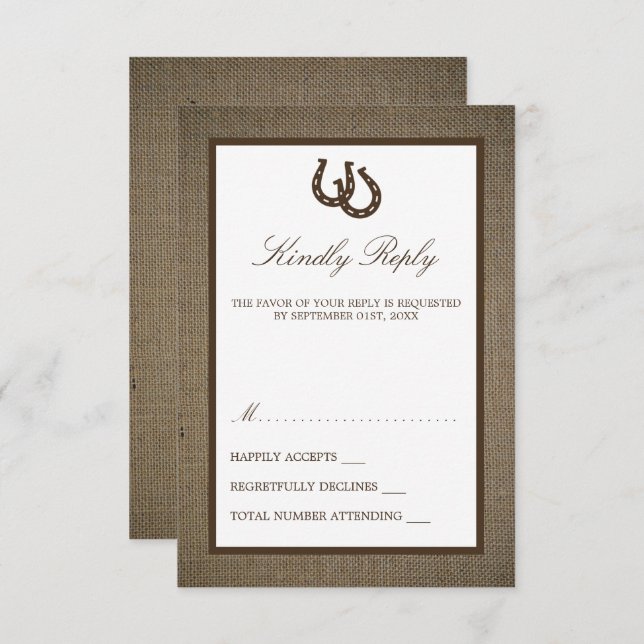 Country Rustic Horseshoe On Burlap Wedding RSVP Card (Front/Back)