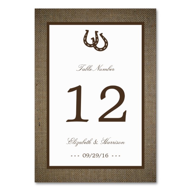 Country Rustic Horseshoe On Burlap Wedding Table Number (Front)