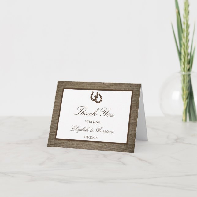 Country Rustic Horseshoe On Burlap Wedding Thank You Card (Front)