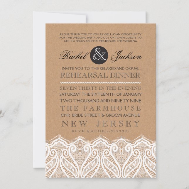 Country Rustic Lace Rehearsal Dinner Invitation (Front)