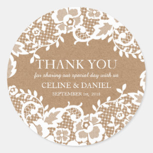 Country Rustic Lace Wedding Thank You Classic Round Sticker