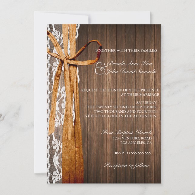 Country Rustic Lace Wood Wedding Invitation (Front)
