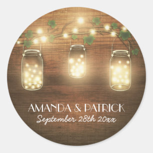 Country Rustic Lights Mason Jar Wedding Favours Classic Round Sticker