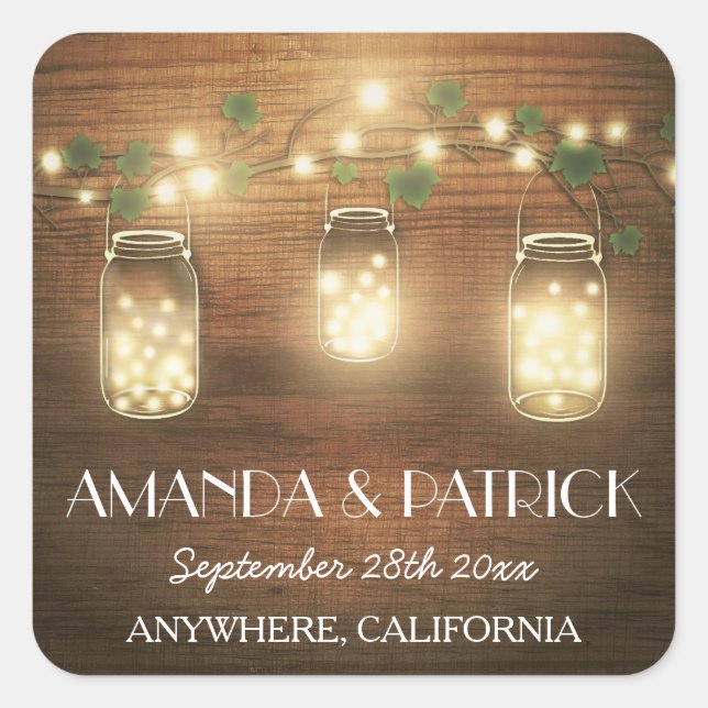 Country Rustic Lights Mason Jar Wedding Favours Square Sticker (Front)