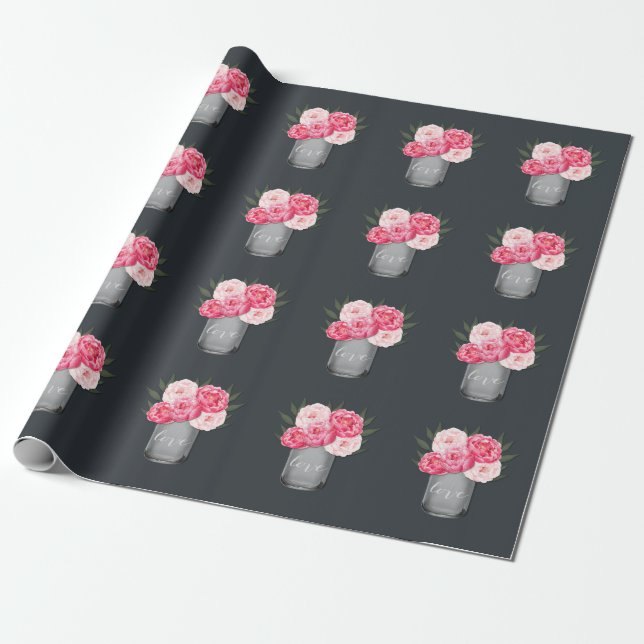 Country Rustic Mason Jar Peony Wedding Wrapping Paper (Unrolled)