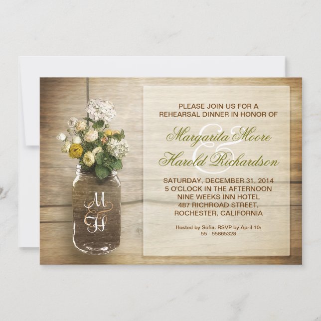 country rustic mason jar rehearsal dinner invites (Front)