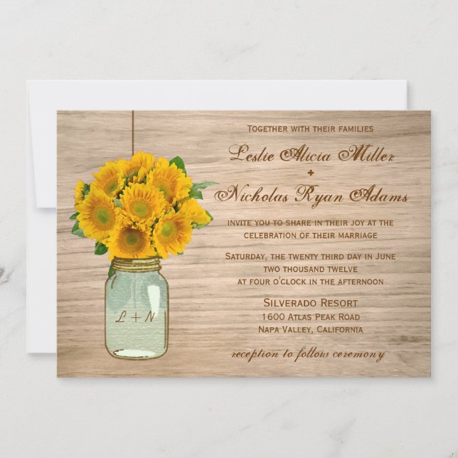 Country Rustic Mason Jar Sunflowers Wedding Invitation (Front)