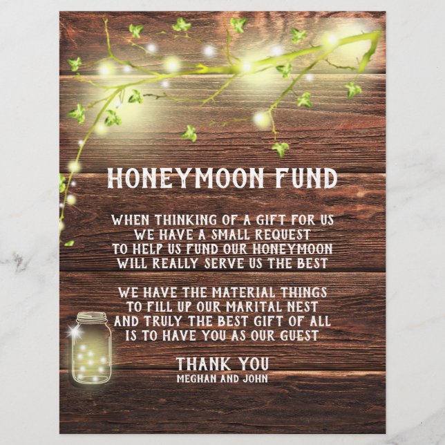 Country Rustic Mason String Lights Honeymoon Fund Custom Letterhead (Front)